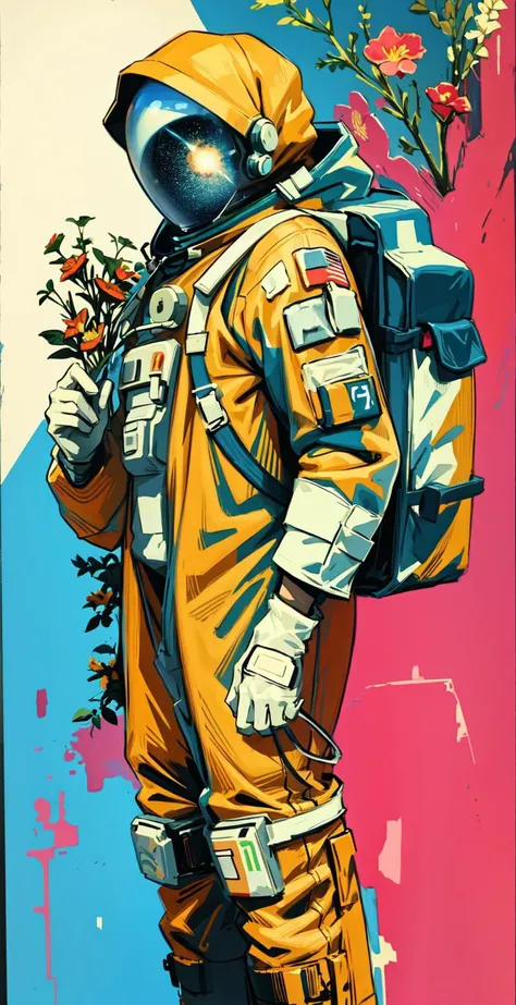 a painting of a man in a space suit holding a flower