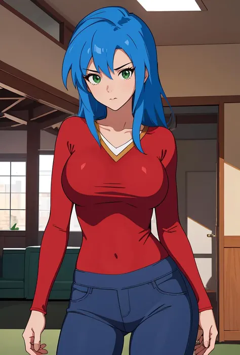 (masterpiece, best quality), 1girl,  <lora:MitsukiKappa:0.8> MitsukiKappa, 1girl, solo, long hair, large breasts, green eyes, blue hair, heart, pants,  red shirt, long sleeves, blue pants,