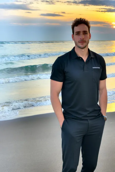 Dr Mike, a handsome, masculine, realistic, stubble, skin texture, male focus, <lora:DoctorMike:0.8>, broad shoulders, muscular body, looking at viewer, facial hair, beach background, sunset, (masterpiece, best quality:1.5), elegant pose, wearing black coll...