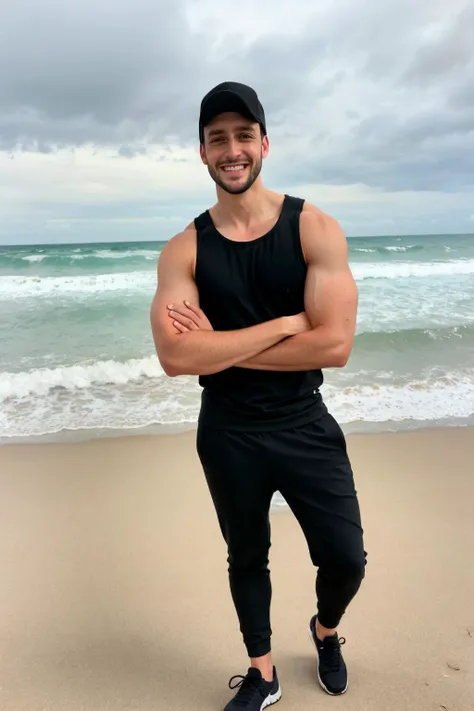 Dr Mike, a handsome, masculine, realistic, stubble, skin texture, male focus, <lora:DoctorMike:0.8>, broad shoulders, muscular body, looking at viewer, facial hair, beach background, (masterpiece, best quality:1.5), thumbs up hand, wearing black tank top, ...