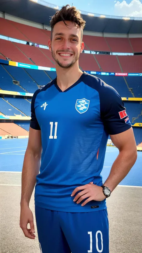 a photo of Dr Mike, handsome, DrMike, masculine, realistic, stubble, skin texture, male focus, <lora:DoctorMike:0.8>, broad shoulders, big body, elegant pose, face focus, looking at viewer, facial hair, beard, soccer uniform, stadium background, smile, (ma...