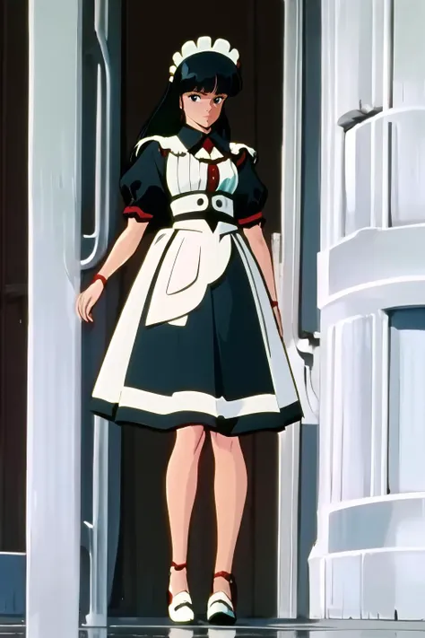 anime character dressed in maid outfit standing in doorway of building