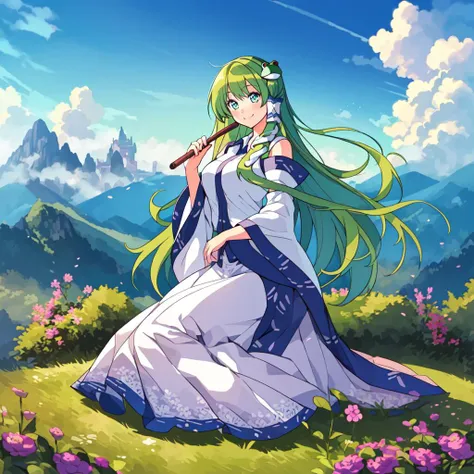 a woman in a long dress sitting on a hill with a flute