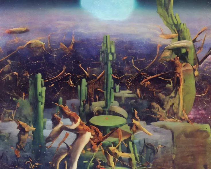 painting of a desert scene with cactus plants and a full moon