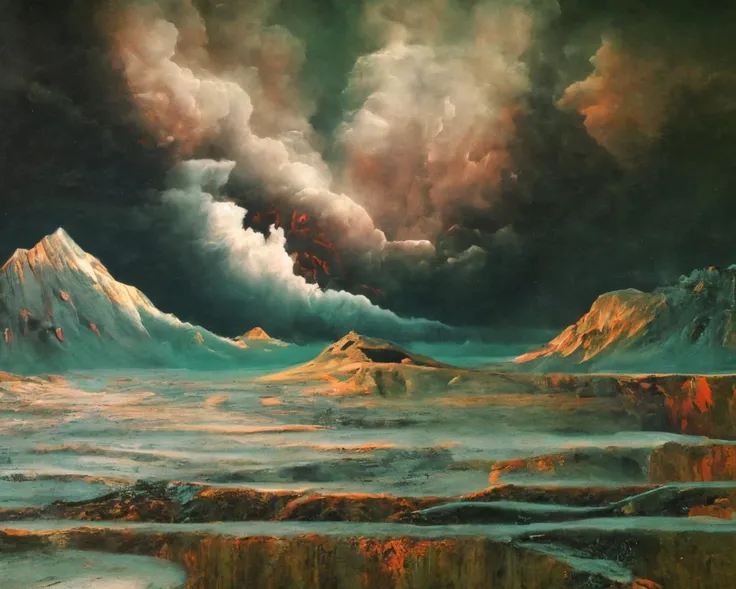 painting of a mountain range with a cloudy sky and a river