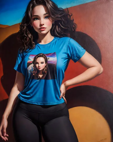 a woman in a blue shirt and black leggings posing for a picture