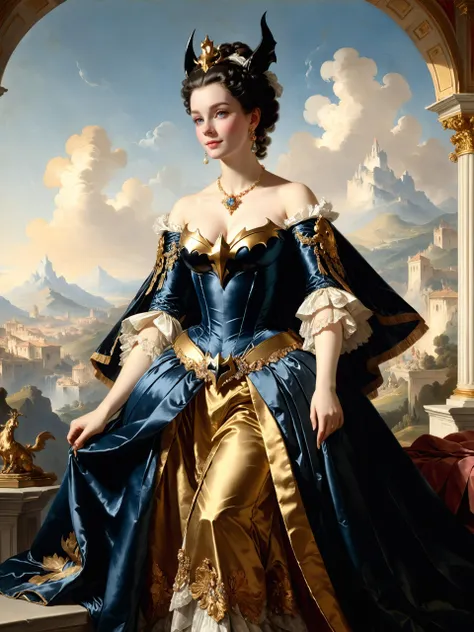 a close up of a woman in a blue dress and gold dress