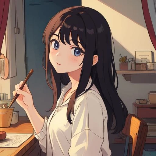 anime girl with long black hair holding a brush and a bowl