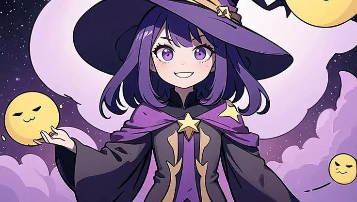 1whitch,evil,purple,in a purple dark universe,dark star sky,witch hat,((front face)),smile,looking at hand,(look down:0.9), masterpiece, best quality,4k,high quality