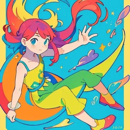 (masterpiece, best quality:1.3), (flat color:1.3),(colorful:1.3),looking at viewer,1girl,solo,floating colorful water,(2D:1.3)