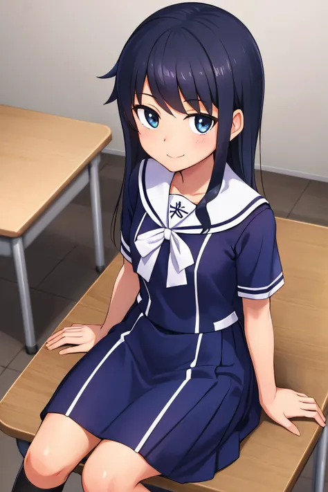 koashi mutsumi, aizumi school uniform, summer uniform, looking at viewer, smile, sitting on desk, black socks, sailor collar, kneehighs, blue dress, black legwear, short sleeves, school uniform, loafers, brown footwear, white bowtie, white collar, white sa...