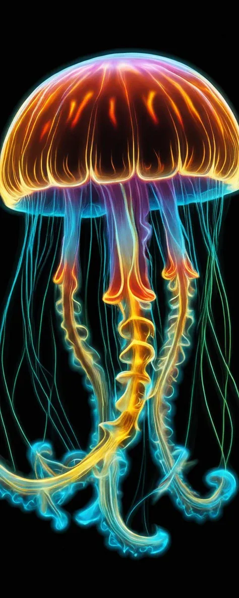 a jellyfish with glowing colors is floating in the water