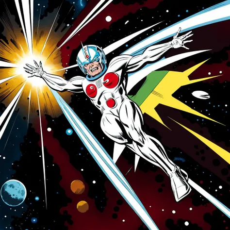 <lora:jackkirbyv2:1> in the style of jack kirby a silver humanoid surfing in space