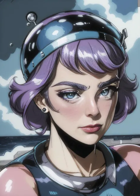 a close up of a woman with purple hair wearing a helmet