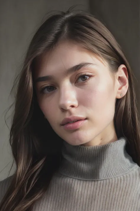 futuraanna51500v5, (closeup) Portrait of pretty young 18 year-old Caucasian woman wearing a ((turtleneck sweater)) in a grey studio BREAK <lora:epi_noiseoffset2:1> BREAK (magazine cover:1.07), dainty diamond necklace BREAK (masterpiece, extremely detailed ...