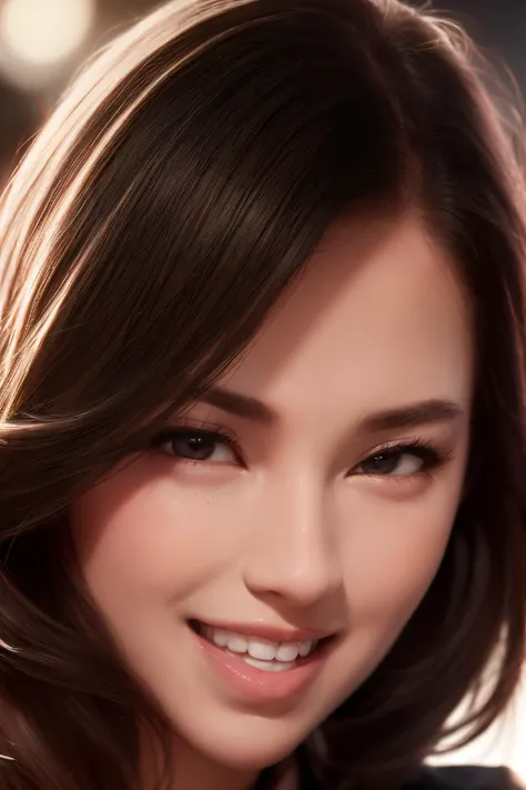 a close up of a woman with long hair and a smile