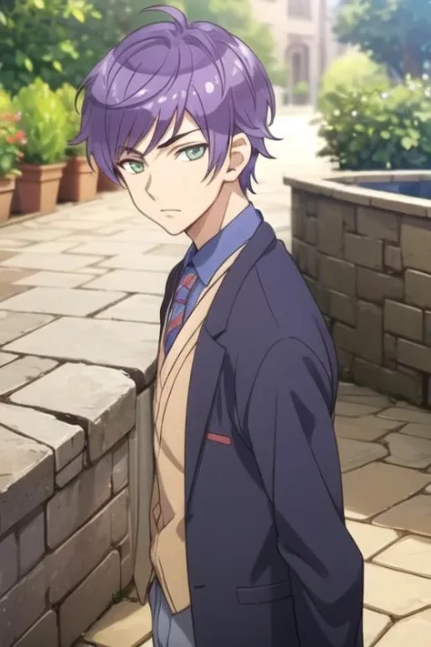 masterpiece, best quality, game cg, 1boy, solo, male focus, looking at viewer, , depth of field, anime coloring, realistic, <lora:mao_saitou:0.74>, mao_saitou, purple hair, green eyes, cowboy costume, stone walkway,