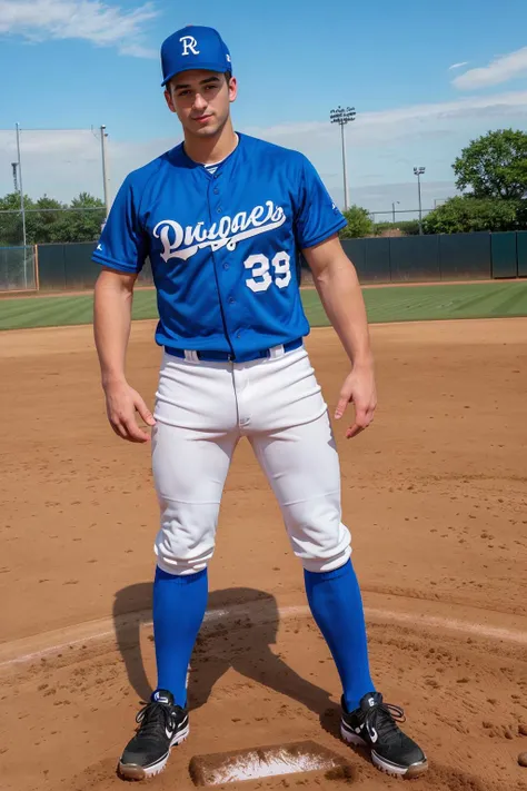 baseball field, outdoors, standing on Second Base, LukeDesmond is a baseballplayer, slight smile, baseball uniform, (royal blue jersey), white pants, (royal blue socks), long socks, royal blue baseball cap, (black sneakers), ((full body portrait)), wide an...