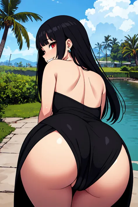 (masterpiece, best quality:1.3), 1girl, yumeko jabami, looking at viewer, looking back, ass, big ass, ass focus, (bottomless:1.1),( pussy:1.1),  upskirt, anus, solo, grin, medium breasts, bare shoulders, black hair, red eyes, hime cut, long hair, standing,...