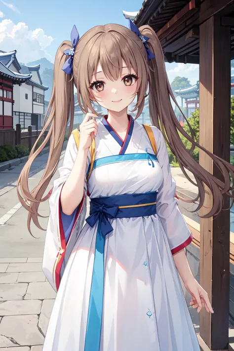 1girl,solo, <lora:mizuki2-000012:0.5>mizukiT,twintail,brown eyes,brown hair,smile,
street,east asian architecture, 
<lora:outfit hanfu:1>,outfit hanfu,hanfu