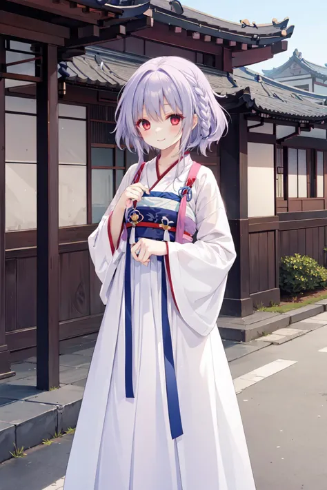 1girl,red eyes, braid,light purple hair, <lora:asuka:0.5>,smile,
street,east asian architecture, 
<lora:outfit hanfu:1>,outfit hanfu,hanfu