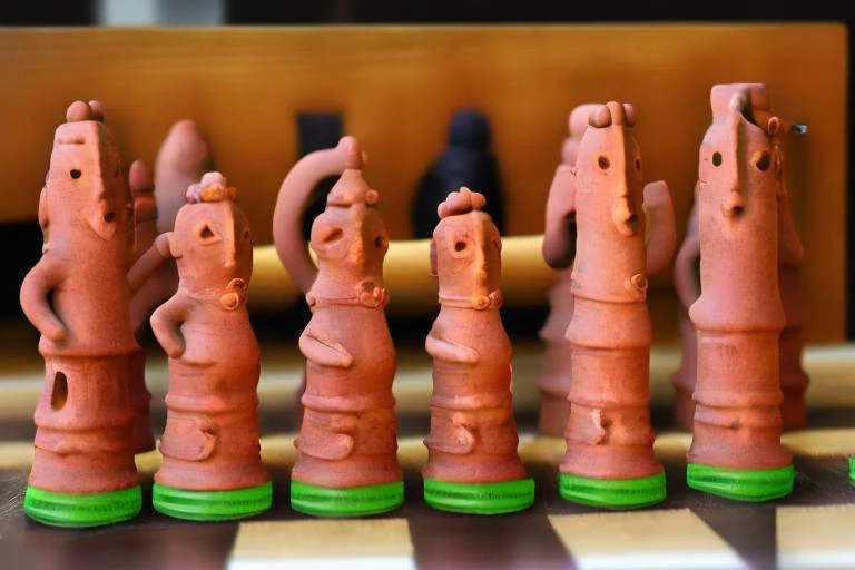 UECO, haniwa, statue, haniwa <lora:idol_v1:0.8>,  on a chess board, chess pieces, knight, king, queen, rook, pawns, bishop