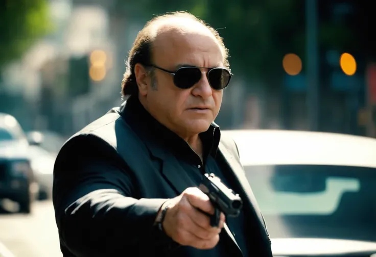 cinematic film still Danny DeVito, black sunglasses, black trenchcoat, Matrix action movie scene, guns, (slow motion:1.4), action shot, "Bank Scene" . shallow depth of field, vignette, highly detailed, high budget Hollywood movie, bokeh, cinemascope, moody...