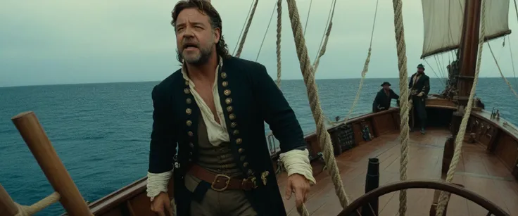 cinematic movie still of Russell Crowe as a pirate captain with crew mates, age 44, closeup, pirate ship, sailing, sweeping panoramic view of the ocean, heroic pose, intimidating pose, sails, masts, nets, bottles, ropes, sea, overcast sky, movie quality, P...