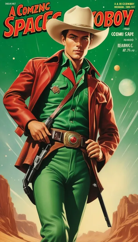 a cover for a comic book, a comic book cover about all space cowboy, 1 cowboy wearing a hat in the style of amazing stories, 1940s 1950s, red and green, comic art, realistic genre scenes, romanticized realism dynamic