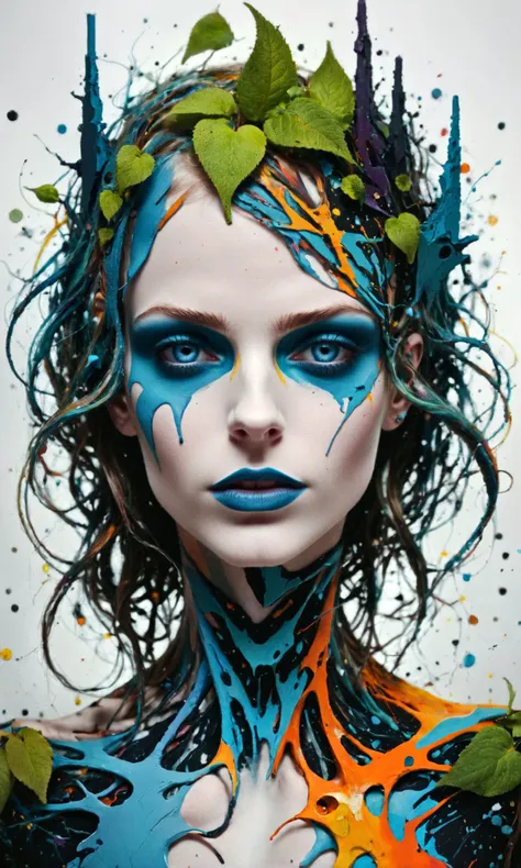 a woman with blue and orange makeup and a leaf crown