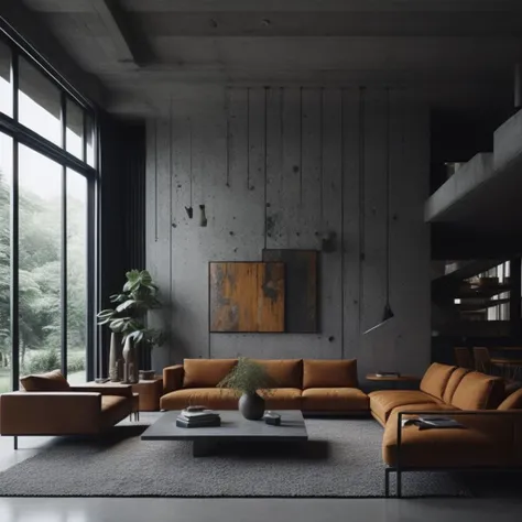 <lyco:brutalism style interior design:1.0>  brutalist design of living room