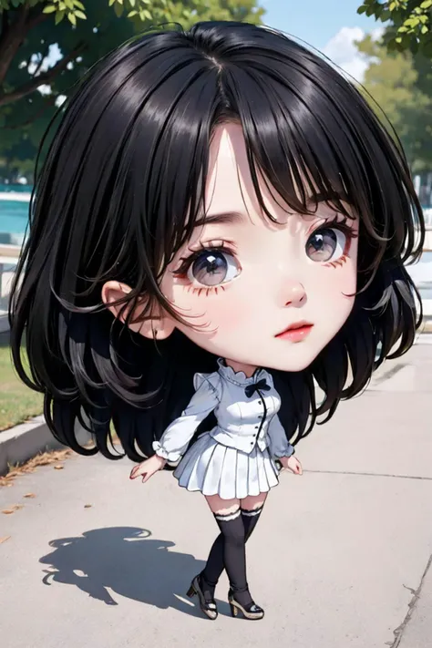 cinematic photo 1girl,brown eyes,(black long straight hair:1.2),(full body:1.2),(chibi:1.5),looking at viewer,8k uhd,dslr,soft lighting,high quality,film overlay,film grain,Fujifilm XT3,outdoors,photorealistic,realistic,solo,richly defined face,dewy skin,p...