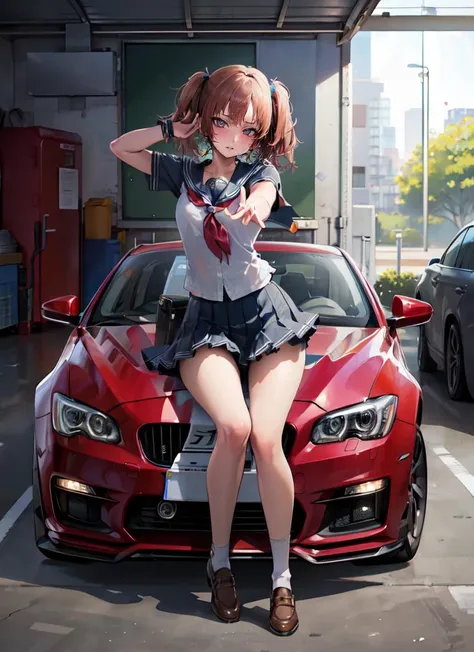 ((best quality)), ((highly detailed)), extremely detailed face, beautiful face, , (1girl), dynamic pose, full body, schoolgirl, (indoors, at a garage, car), <lora:frengV8:1>