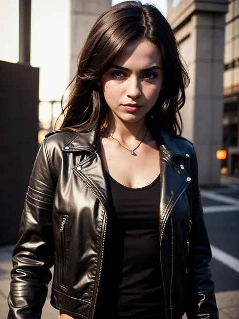 masterpiece,ultra high res, (photorealistic:1.4), raw photo, casual portrait of (23 year-old woman:1.3) , leather jacket, compac...