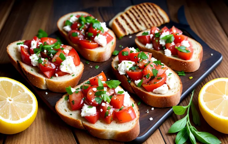 raw photo, a portrait photo of
professional foodporn,
bruschetta, at its simplest, is grilled bread rubbed with garlic and drizz...