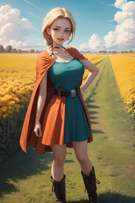 ((masterpiece)), (best quality), official art, extremely detailed CG, unity 8k wallpaper, ultra detailed, 
dqBianca, single braid, earrings, choker, orange cape, green dress, belt, looking at viewer, large breasts, hands to hips, boots, smirk, open mouth, ...