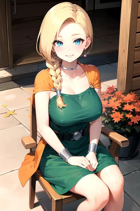 masterpiece, best quality, dqBianca, single braid, earrings, choker, orange cape, green dress, belt, looking at viewer, large breasts, sitting, chair, porch, autumn, smile, <lora:dqbianca-nvwls-v1:0.9>