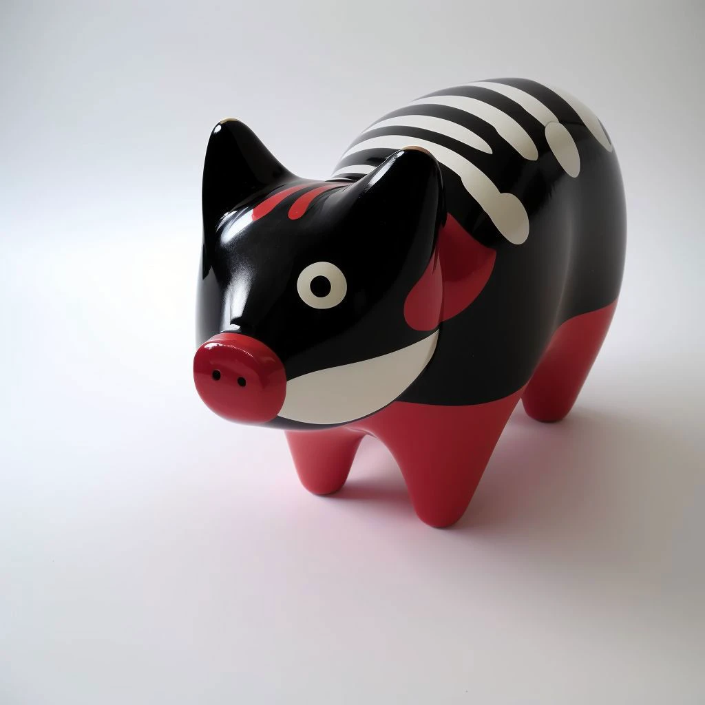 there is a black and red pig figurine with a striped tail