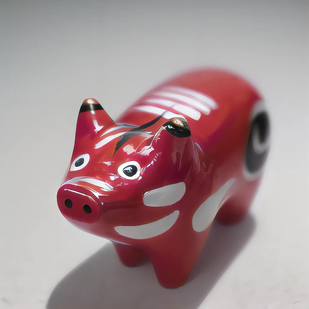 there is a red pig toy with a white stripe on it