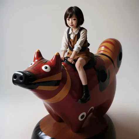 there is a small child riding on a toy horse