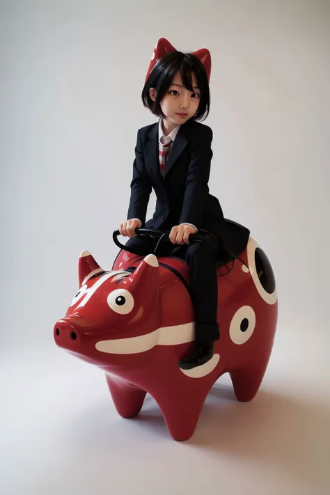 there is a young girl riding on a pig toy