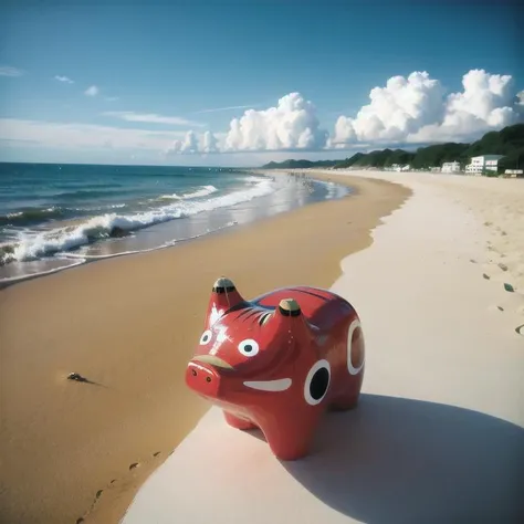 there is a red piggy bank on the beach near the water