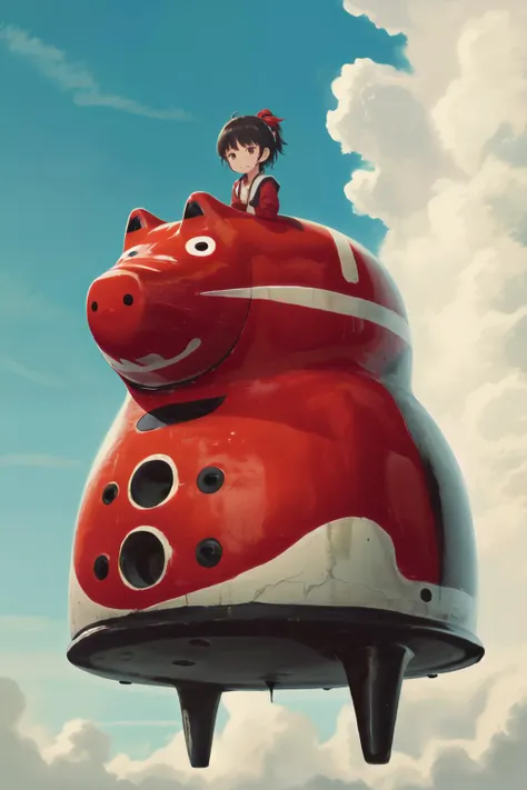 a close up of a person riding on a red and white pig