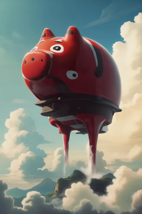 a red pig flying in the sky with a mountain in the background