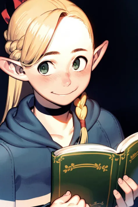 masterpiece, best quality,  <lora:marcille:1>,<lora:comiclo:1>,
1girl, solo, blonde hair, green eyes, pointy ears, book, smile, ponytail, choker, braid, elf, looking at viewer, white background, open book, holding, simple background, capelet, holding book,...