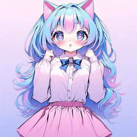 anime girl with blue hair and pink dress with cat ears