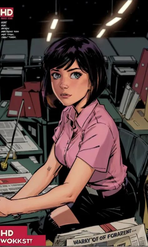 bettybrant2023, 1 girl working in office, 8k, uhd, best quality, masterpiece, newspaper, bob cut, comic book cover,