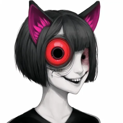 <lora:gravemudart:1>, gravemudart,  simple background, horror (theme), demon-like head, scary face, strange, creepy,  1girl, animal ears, blush, microphone, monochrome, one eye closed, open mouth, short hair, simple background, smile, solo, tail