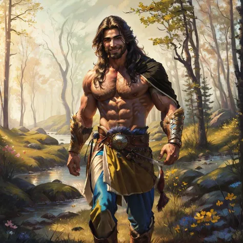 Front view, 1boy handsome fit male, very detailed flawless face, detailed open eyes, very handsome, epic, heroic, warrior. (muscular), (big muscles), ((large pectorals)). Long hair, ((happy smile)).
((topless male)), wearing a (loin cloth), boots, a long f...