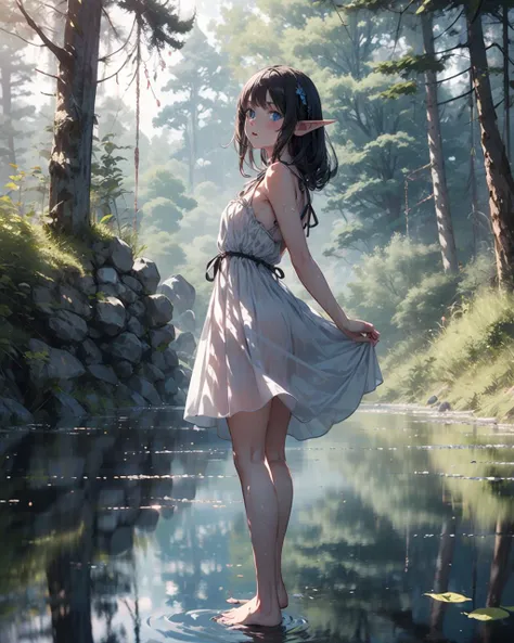 ((best lighting, best shadows, photoreal daylight)), (solo perfect beautiful blue eyes detailed black straight hair elf ears cute face white long summer dress skirt bare foots girl is kicking water:1.2), river, forest, <lora:Clearlight Concept:1.0>